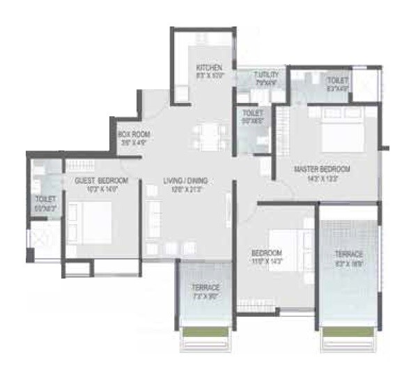 Floor plan of 3 BHK 1261 Sq. Ft. Apartment in Yashada Epic Phase 1, Pune
