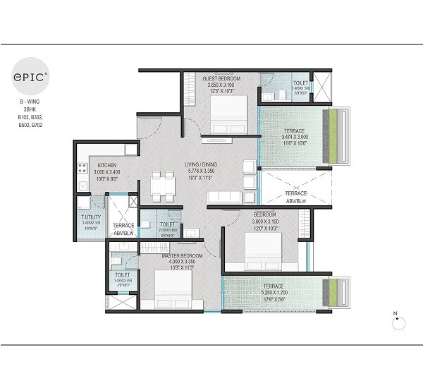 Floor plan of 3 BHK 980 Sq. Ft. Apartment in Yashada Epic Phase 1, Pune
