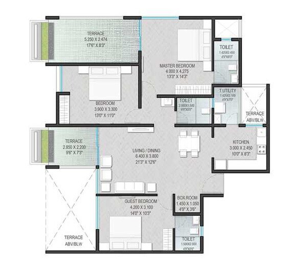 Floor plan of 3 BHK 888 Sq. Ft. Apartment in Yashada Epic Phase 2, Pune