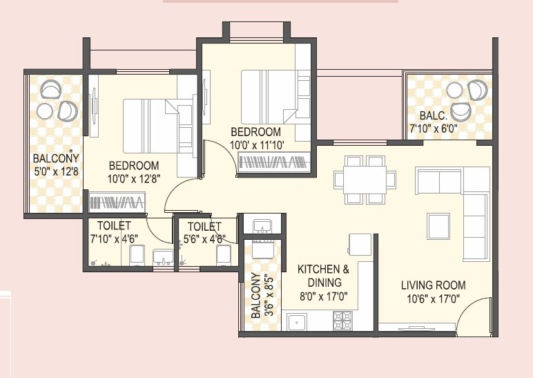 Floor plan of 2 BHK 821 Sq. Ft. Apartment in Yashada Florenza, Pune