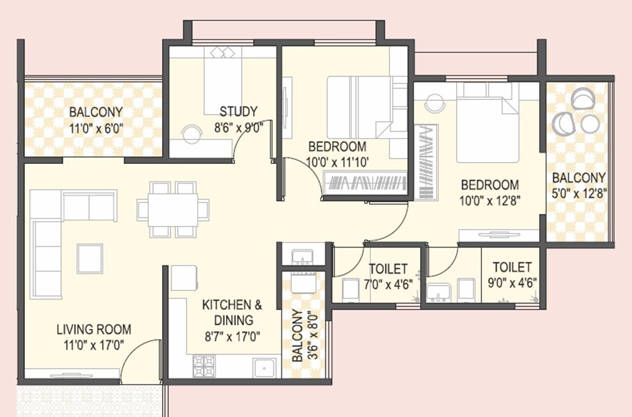Floor plan of 3 BHK 975 Sq. Ft. Apartment in Yashada Florenza, Pune