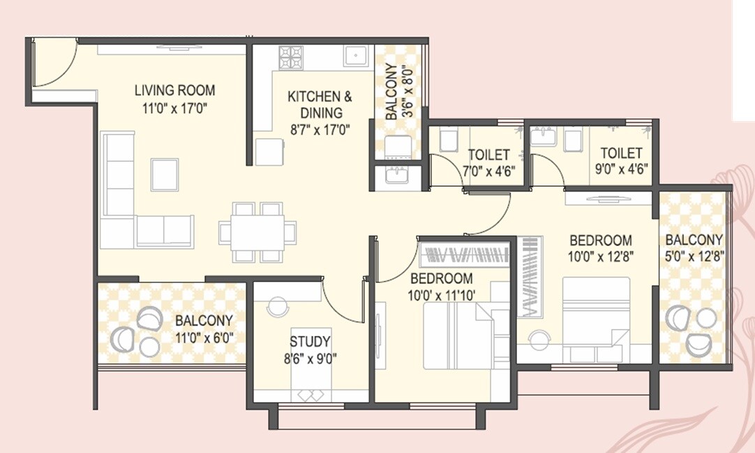 Floor plan of 3 BHK 995 Sq. Ft. Apartment in Yashada Florenza, Pune