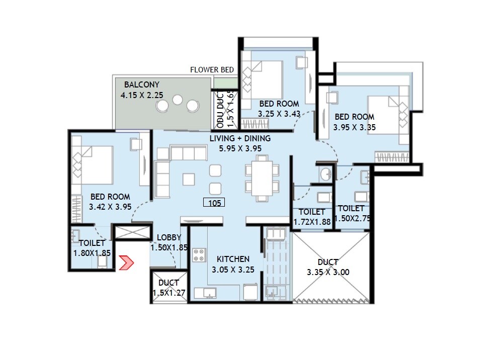 Floor plan of 3 BHK 1131 Sq. Ft. Apartment in Yashada Jubilee Hills, Pune