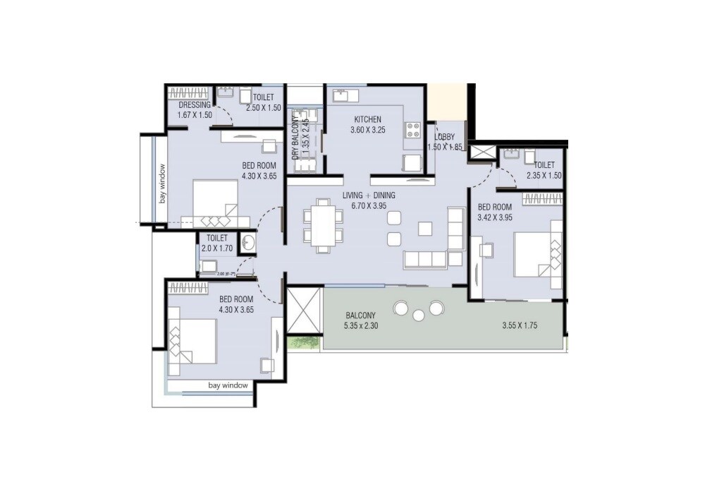Floor plan of 3 BHK 1231 Sq. Ft. Apartment in Yashada Jubilee Hills, Pune