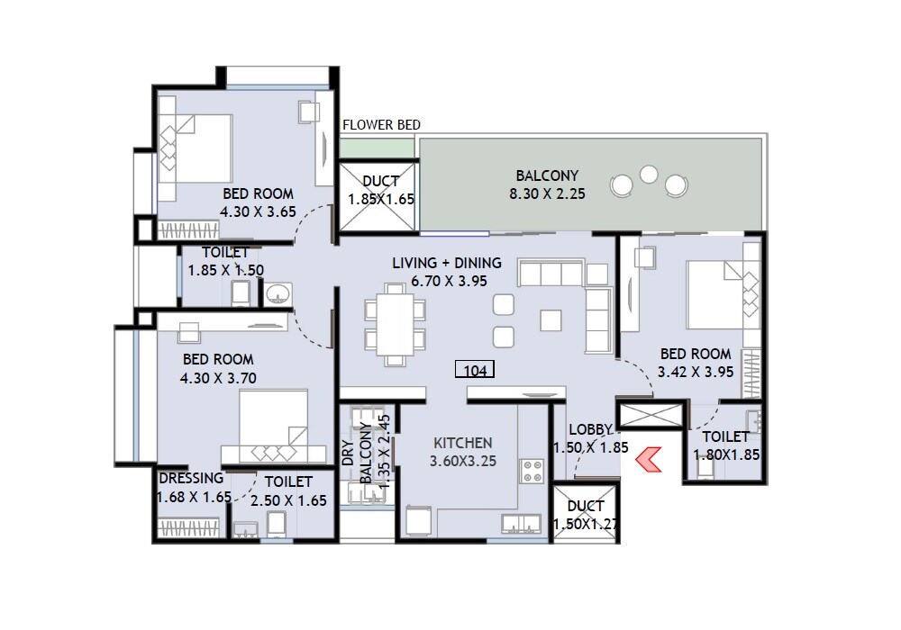 Floor plan of 3 BHK 1439 Sq. Ft. Apartment in Yashada Jubilee Hills, Pune