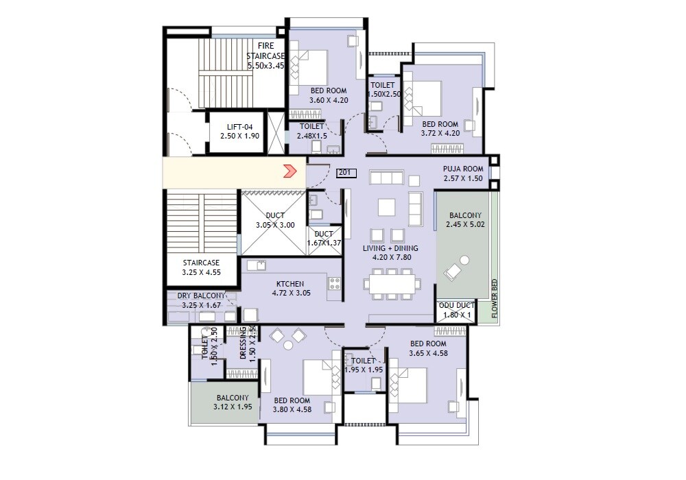 Floor plan of 4 BHK 1901 Sq. Ft. Apartment in Yashada Jubilee Hills, Pune