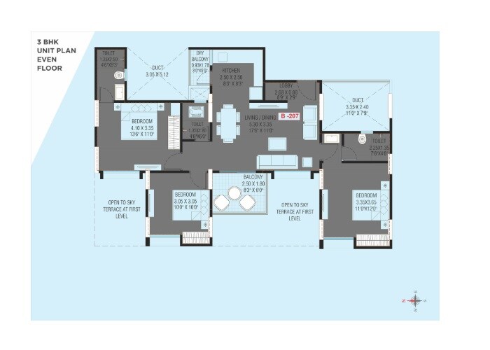 Floor plan of 3 BHK 810 Sq. Ft. Apartment in Yashada Splendid Courtyard, Pune