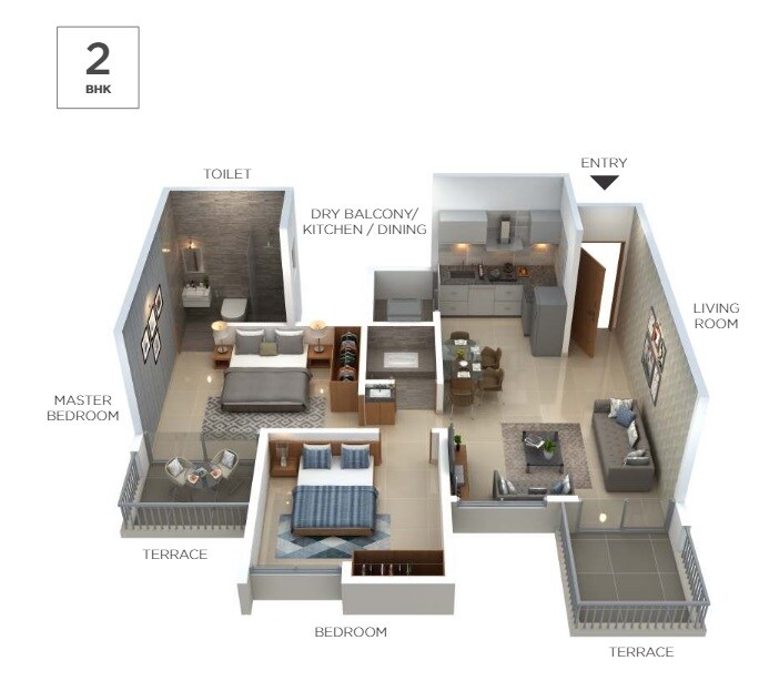 Floor plan of 2 BHK 696 Sq. Ft. Apartment in Yashada Splendid Radiance, Pune