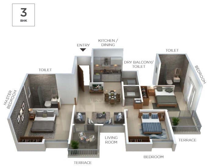 Floor plan of 3 BHK 918 Sq. Ft. Apartment in Yashada Splendid Radiance, Pune