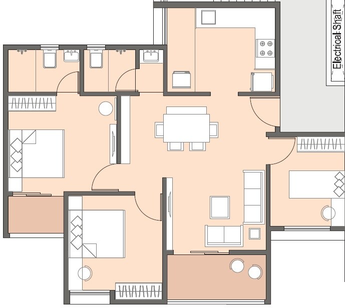 Floor plan of 3 BHK 830 Sq. Ft. Apartment in Yashada Supreme, Pune