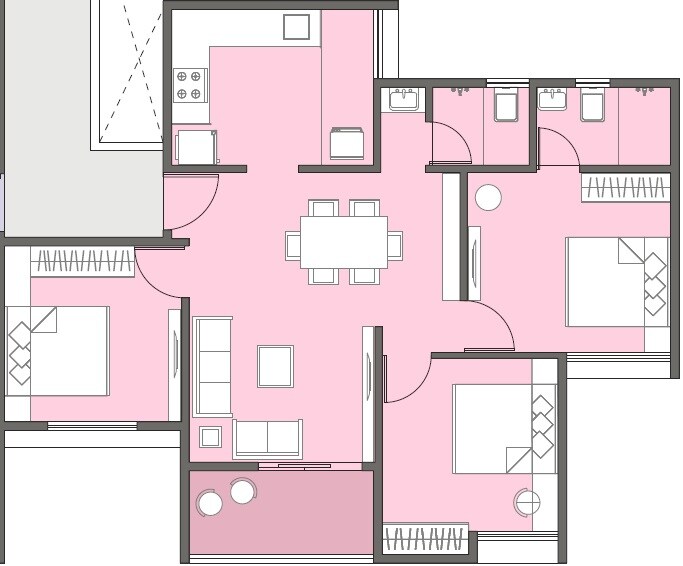Floor plan of 3 BHK 843 Sq. Ft. Apartment in Yashada Supreme, Pune