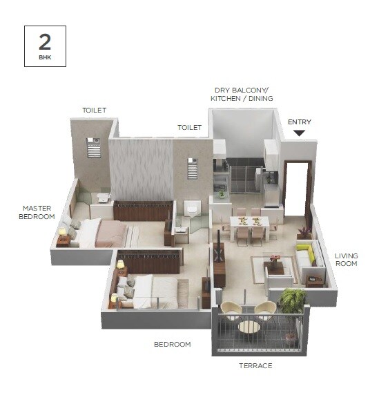 Floor plan of 2 BHK 593 Sq. Ft. Apartment in Yashada Vivanta Life Vedika, Pune