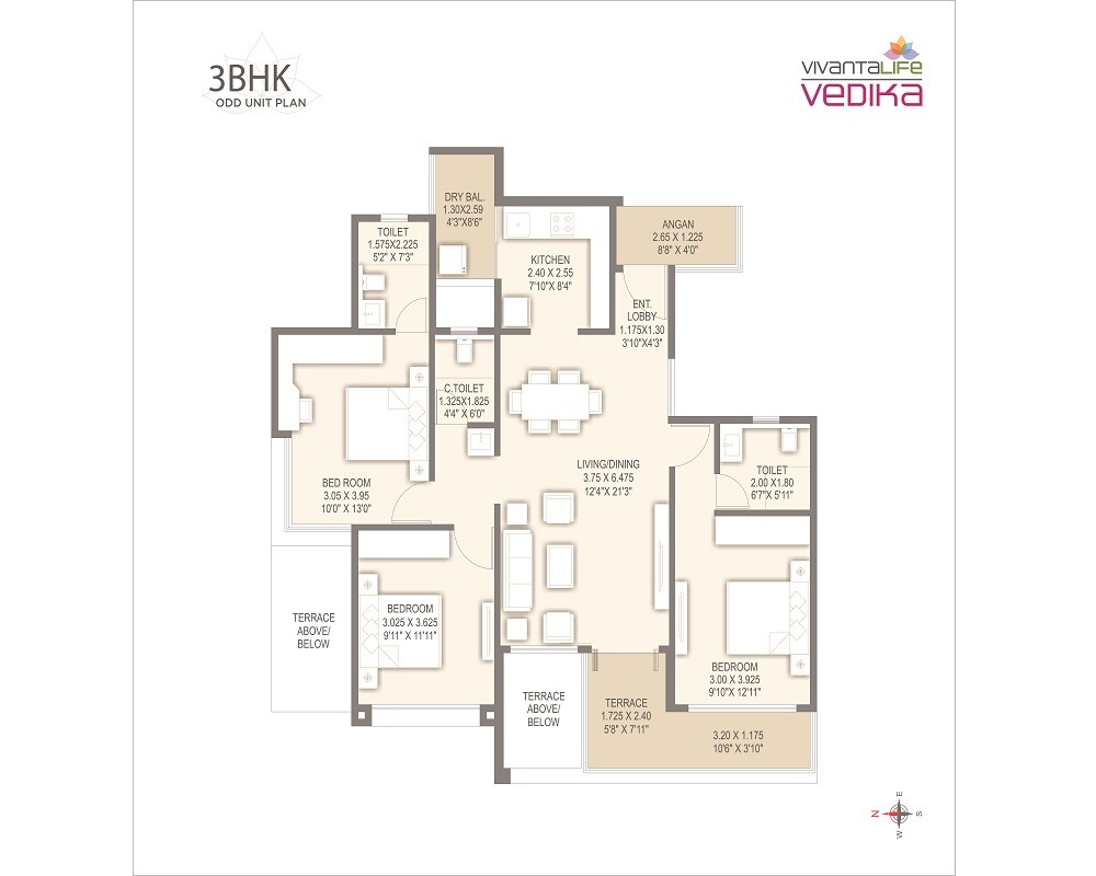 Floor plan of 3 BHK 747 Sq. Ft. Apartment in Yashada Vivanta Life Vedika, Pune