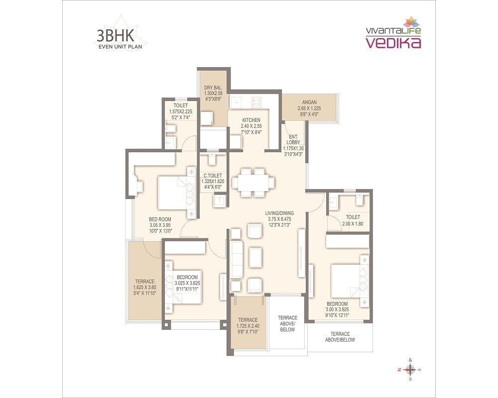 Floor plan of 3 BHK 858 Sq. Ft. Apartment in Yashada Vivanta Life Vedika, Pune