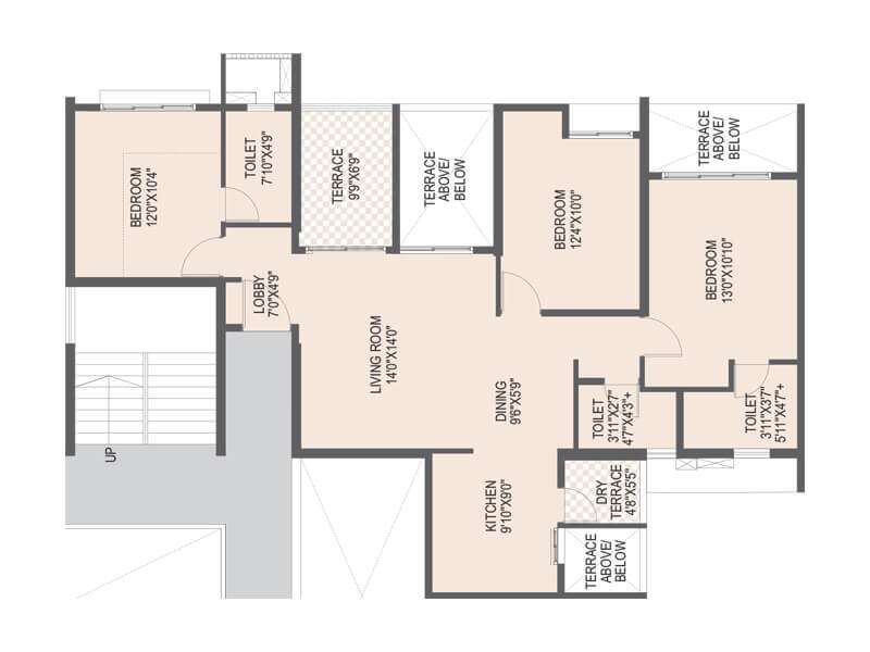 Floor plan of 3 BHK 1051 Sq. Ft. Apartment in Yashada Vivanta Vantage Twenty One, Pune