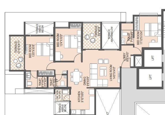 Floor plan of 3 BHK 1092 Sq. Ft. Apartment in Yashada Vivanta Vantage Twenty One, Pune