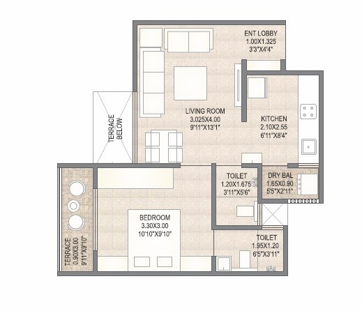 Floor plan of 1 BHK 323 Sq. Ft. Apartment in Yashashree Mangalam Homes, Pune