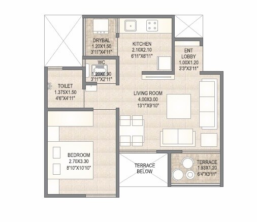 Floor plan of 1 BHK 354 Sq. Ft. Apartment in Yashashree Mangalam Homes, Pune