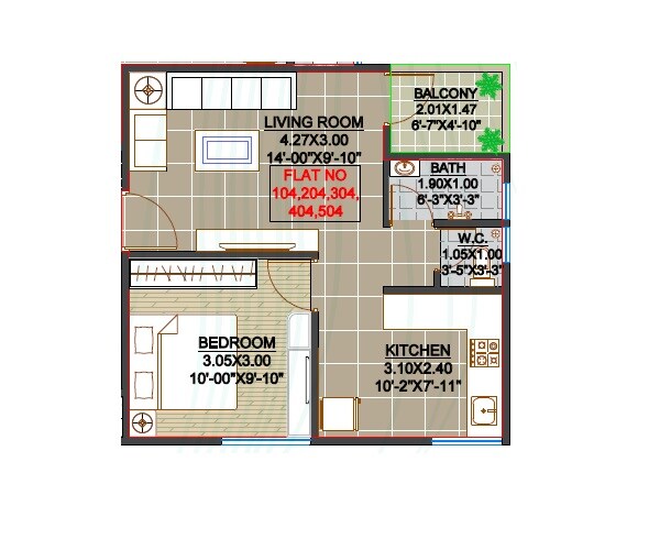 Floor plan of 1 BHK 417 Sq. Ft. Apartment in Yashaswi Mai Residency, Pune