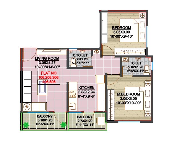 Floor plan of 2 BHK 594 Sq. Ft. Apartment in Yashaswi Mai Residency, Pune