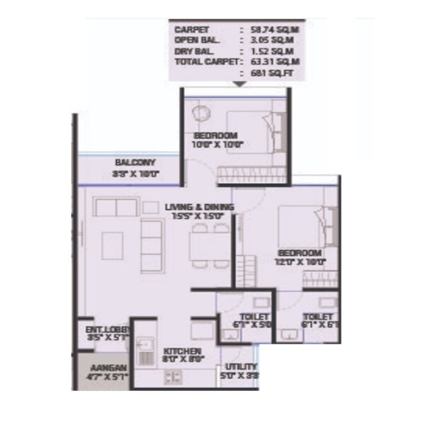Floor plan of 2 BHK 681 Sq. Ft. Apartment in Yasho Kalash, Pune