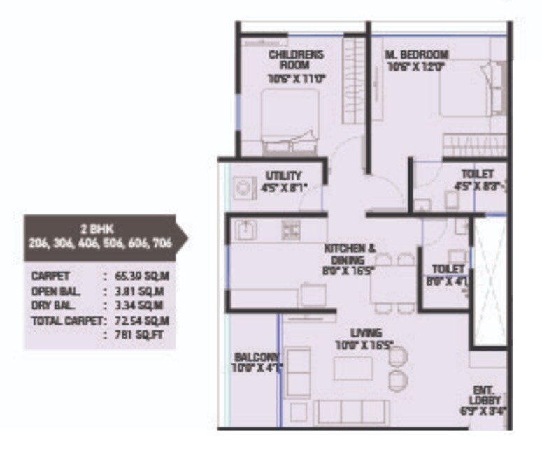 Floor plan of 2 BHK 781 Sq. Ft. Apartment in Yasho Kalash, Pune