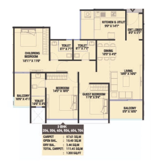 Floor plan of 3 BHK 1200 Sq. Ft. Apartment in Yasho Kalash, Pune