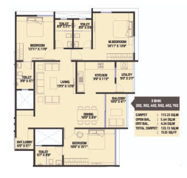 Floor plan of 3 BHK 1325 Sq. Ft. Apartment in Yasho Kalash, Pune