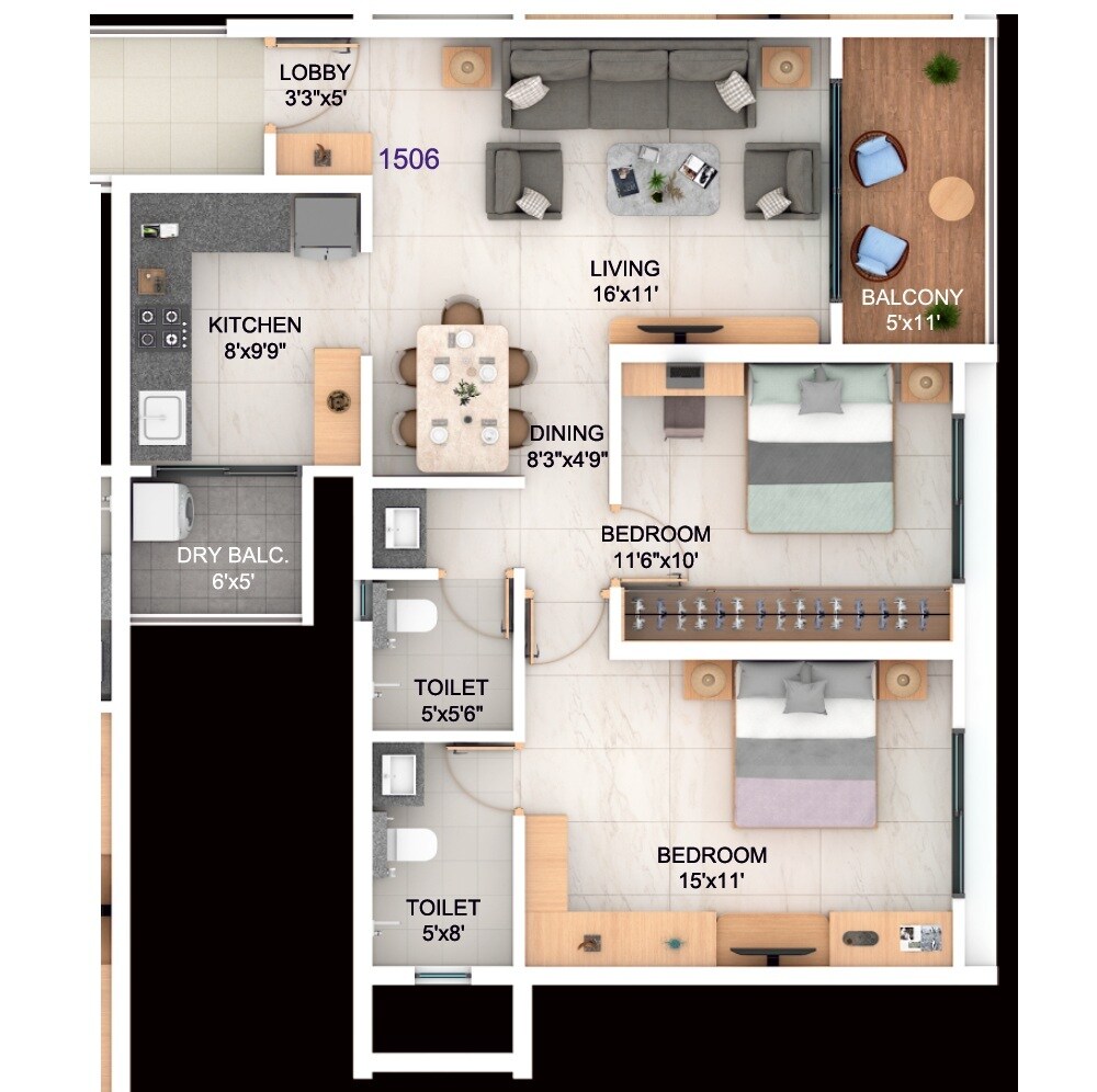 Floor plan of 2 BHK 824 Sq. Ft. Apartment in Yashoda Trident World, Pune