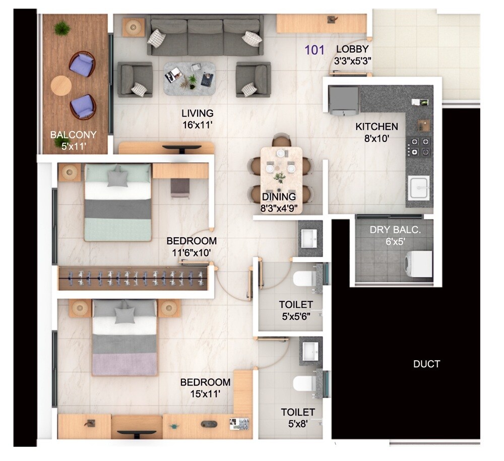 Floor plan of 2 BHK 829 Sq. Ft. Apartment in Yashoda Trident World, Pune