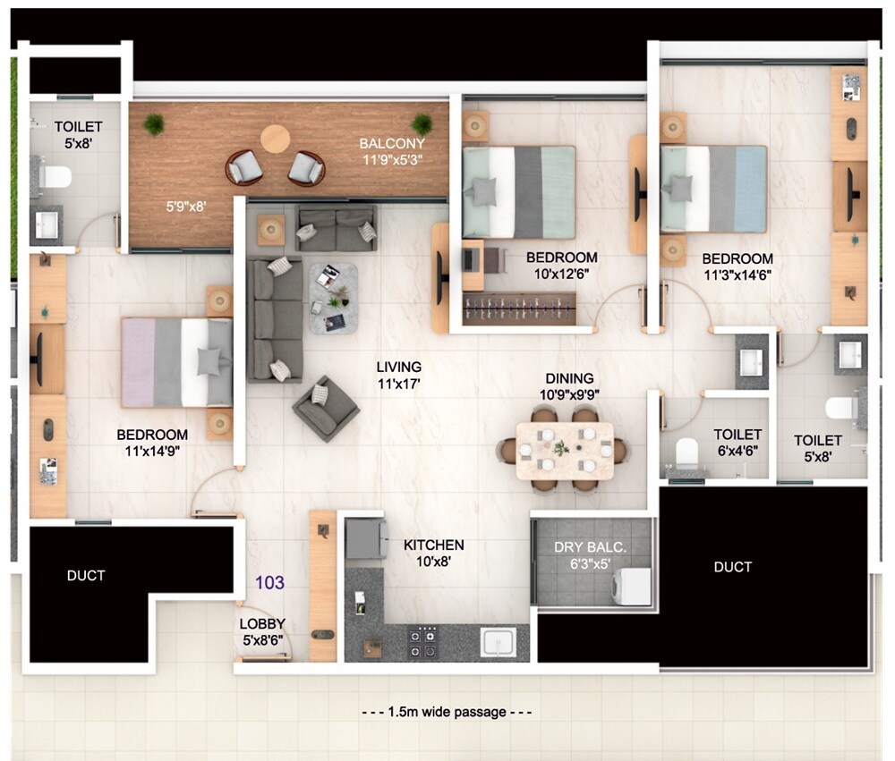 Floor plan of 3 BHK 1197 Sq. Ft. Apartment in Yashoda Trident World, Pune
