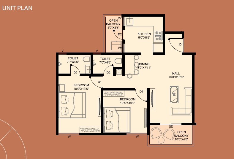 Floor plan of 2 BHK 724 Sq. Ft. Apartment in Yashodha Skyrise, Pune
