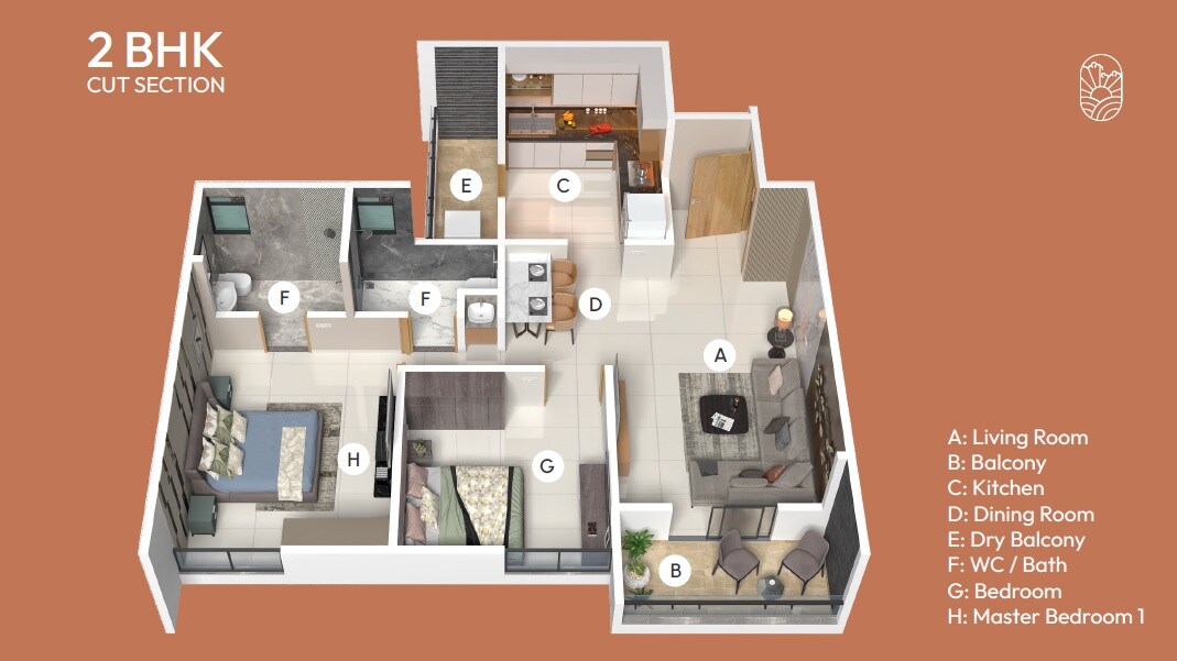 Floor plan of 2 BHK 744 Sq. Ft. Apartment in Yashodha Skyrise, Pune