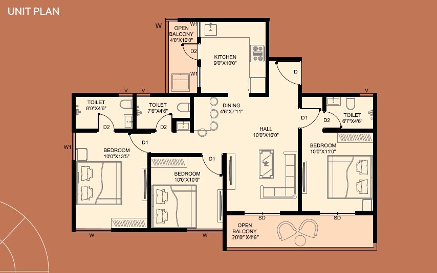Floor plan of 3 BHK 967 Sq. Ft. Apartment in Yashodha Skyrise, Pune
