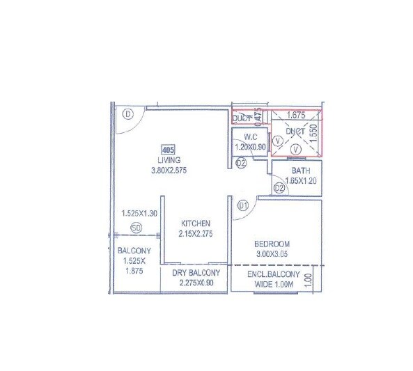 Floor plan of 1 BHK 411 Sq. Ft. Apartment in Yashodha Tulsi Homes, Pune
