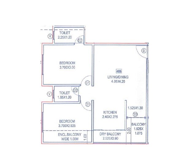 Floor plan of 2 BHK 645 Sq. Ft. Apartment in Yashodha Tulsi Homes, Pune