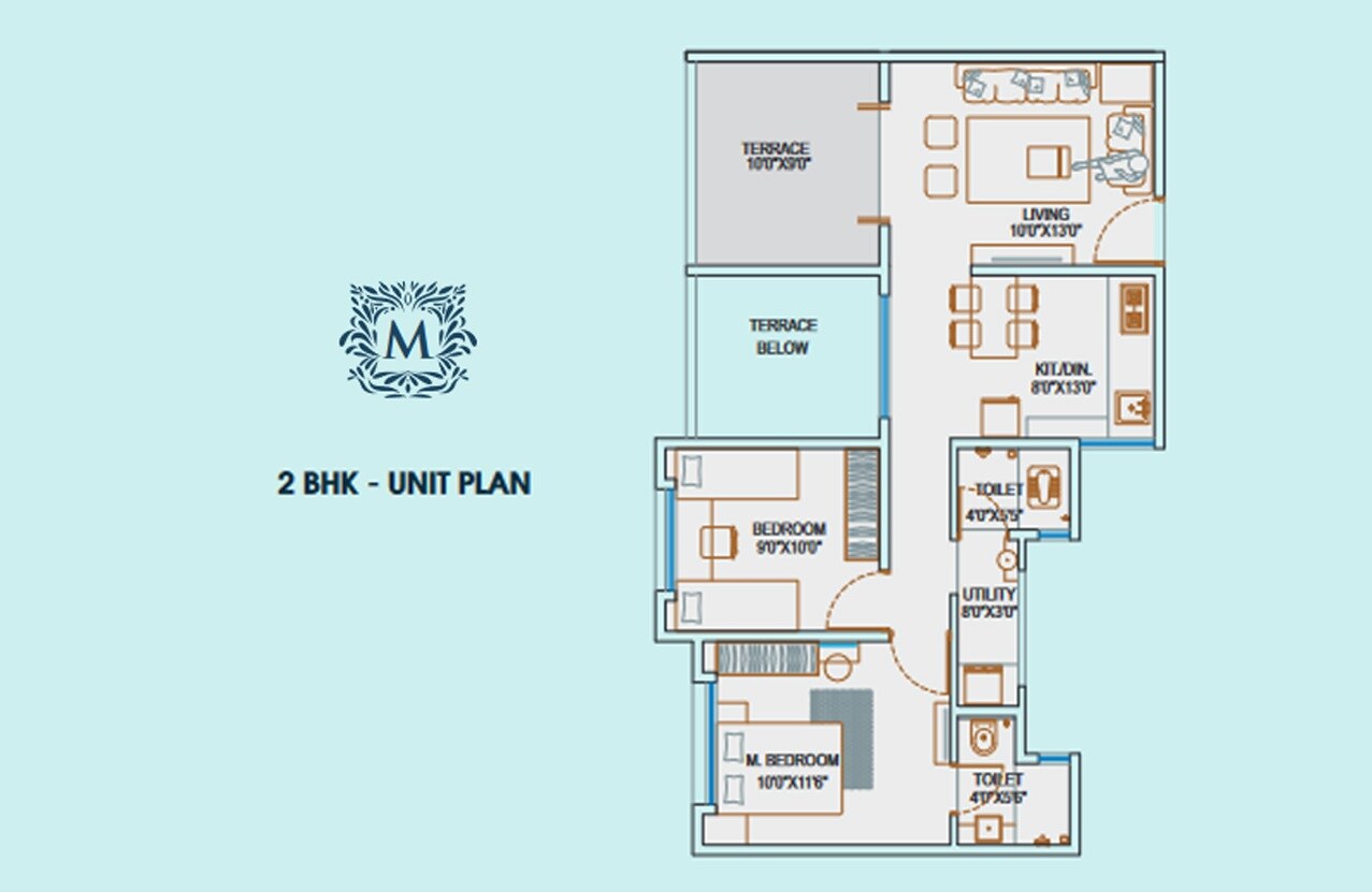 Floor plan of 2 BHK Apartment - 758 sq. ft. in Yashodhan Mahaveer Darshan, Pune