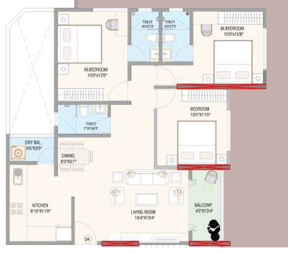 3 BHK 958 Sq. Ft. Apartment