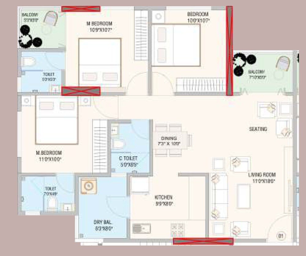 3 BHK 980 Sq. Ft. Apartment