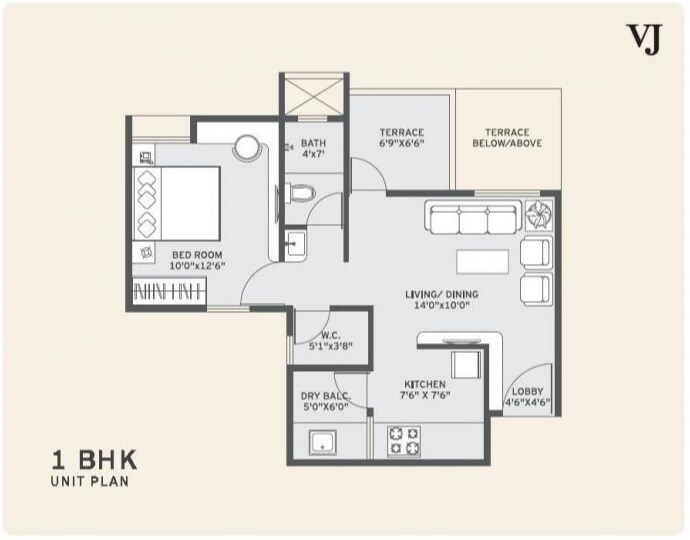 Floor plan of 1 BHK 410 Sq. Ft. Apartment in Yashwin Jeevan and Orchid, Pune