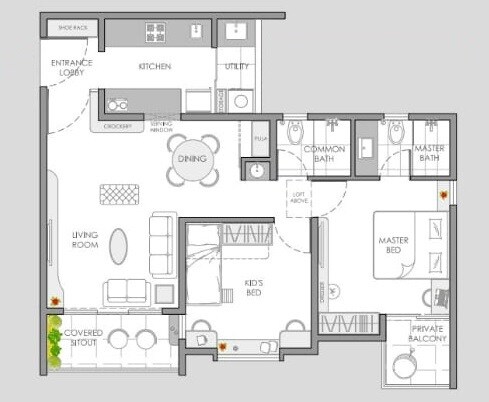 Floor plan of 2 BHK 700 Sq. Ft. Apartment in Yashwin Orizzonte, Pune