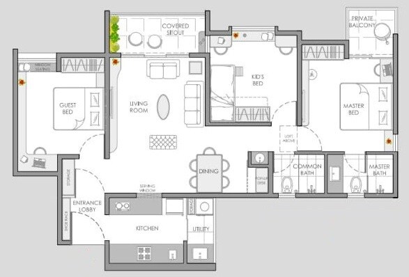 Floor plan of 3 BHK 753 Sq. Ft. Apartment in Yashwin Orizzonte, Pune