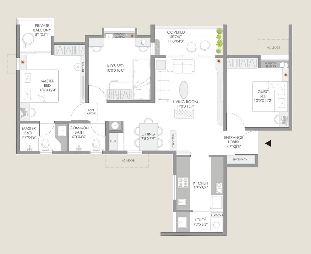 Floor plan of 3 BHK 907 Sq. Ft. Apartment in Yashwin Orizzonte, Pune