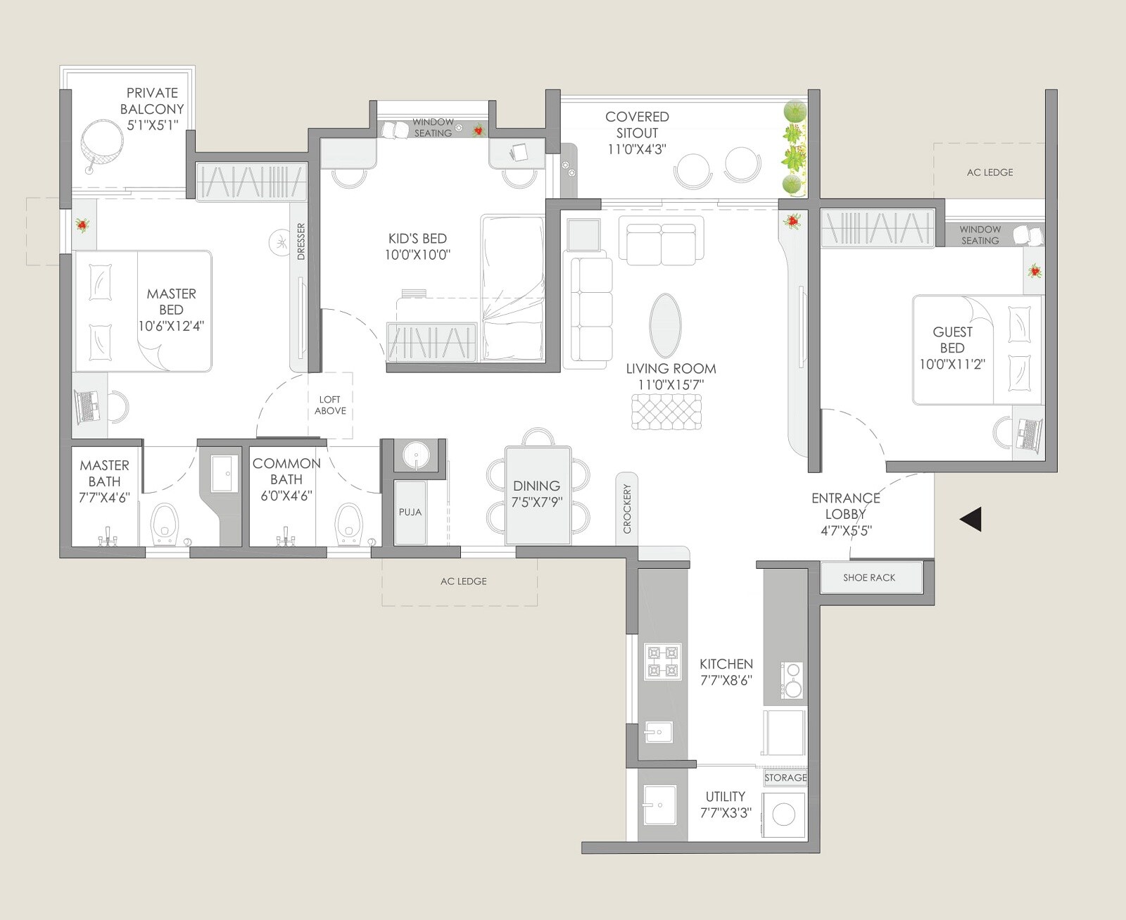 Floor plan of 3 BHK 753 Sq. Ft. Apartment in Yashwin Orrizonte, Pune