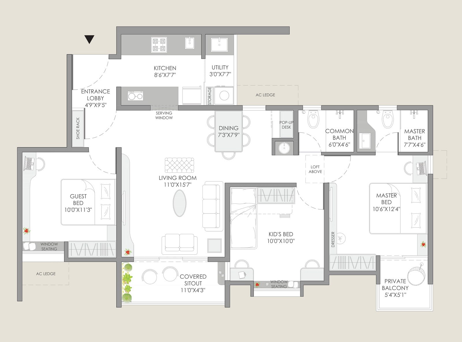 Floor plan of 3 BHK 847 Sq. Ft. Apartment in Yashwin Orrizonte, Pune