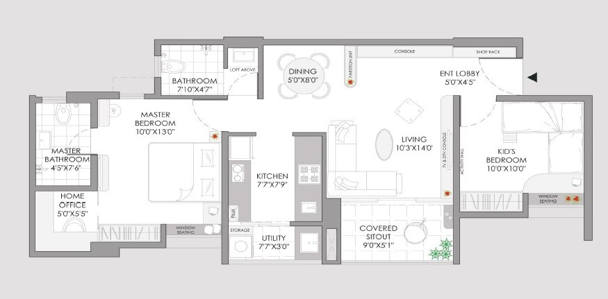 Floor plan of 2 BHK 585 Sq. Ft. Apartment in Yashwin Sukhniwas, Pune