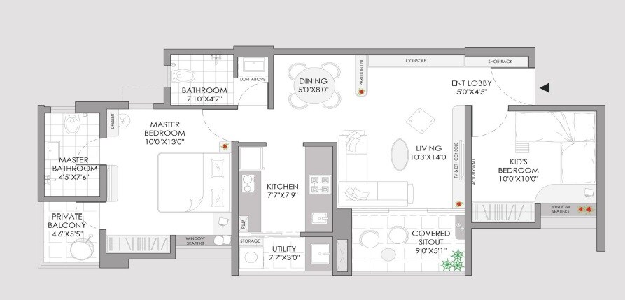 Floor plan of 2 BHK 613 Sq. Ft. Apartment in Yashwin Sukhniwas, Pune