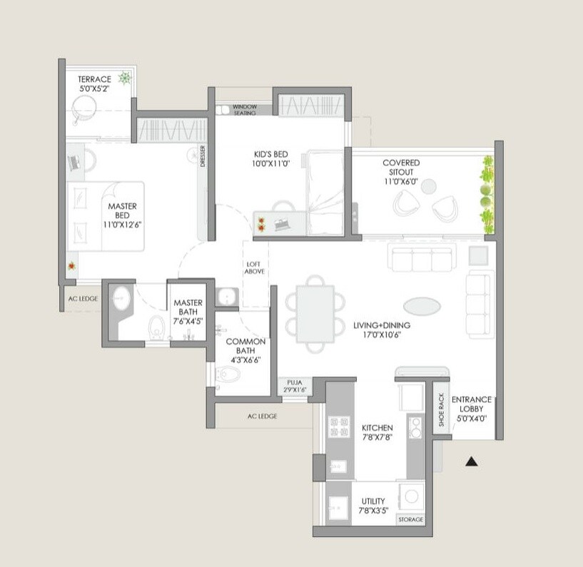 Floor plan of 2 BHK 713 Sq. Ft. Apartment in Yashwin Supernova, Pune