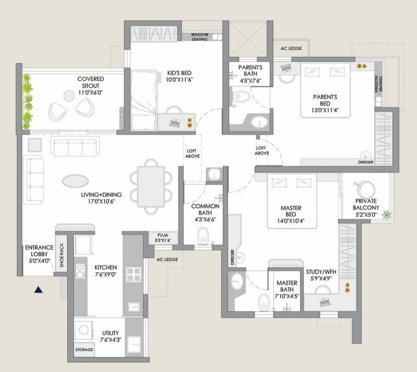 Floor plan of 3 BHK 940 Sq. Ft. Apartment in Yashwin Supernova, Pune