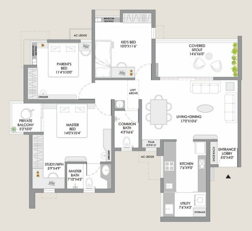 Floor plan of 3 BHK 858 Sq. Ft. Apartment in Yashwin Supernova, Pune